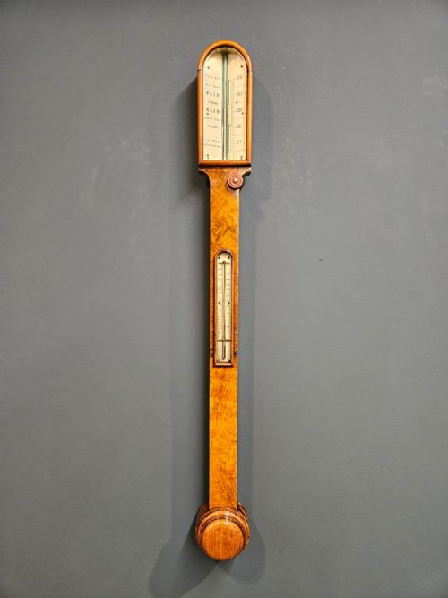 Mid Victorian Burr Walnut Stick Barometer