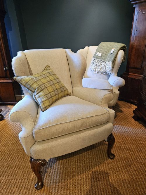 Pair of Victorian Cream Linen Wing Back Arm Chairs