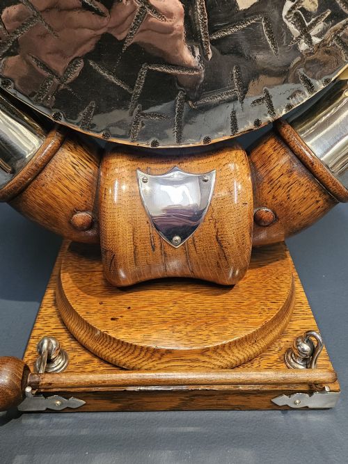 LARGE VICTORIAN OAK AND SILVER PLATE COW HORN DINNER GONG - ADDITIONAL PHOTO 1