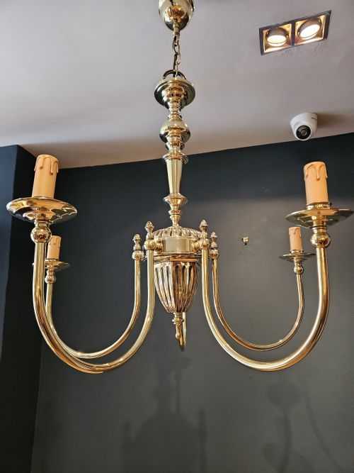 EDWARDIAN FIVE ARM BRASS CHANDELIER - ADDITIONAL PHOTO 1