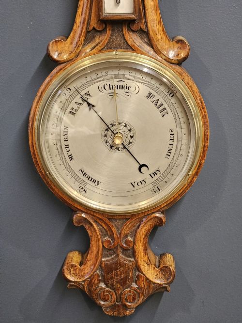 VICTORIAN CARVED OAK SILVERED DIAL BANJO BAROMETER - ADDITIONAL PHOTO 1