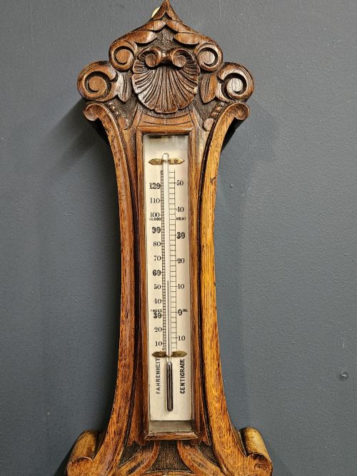 VICTORIAN CARVED OAK SILVERED DIAL BANJO BAROMETER - ADDITIONAL PHOTO 3