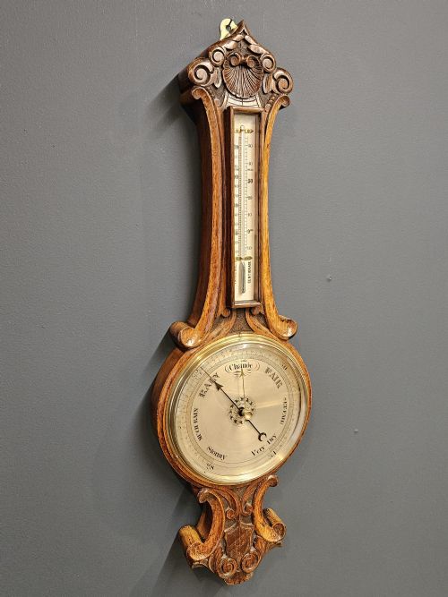 VICTORIAN CARVED OAK SILVERED DIAL BANJO BAROMETER - ADDITIONAL PHOTO 4