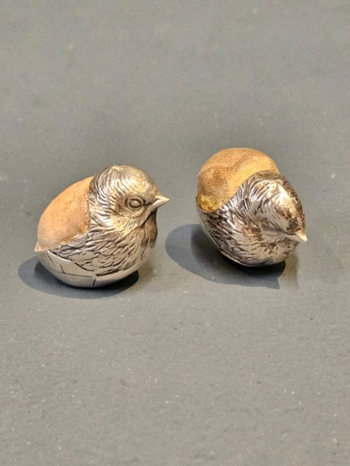 Pair of Sampson Mordan Silver Hatching Chick Pin Cushions