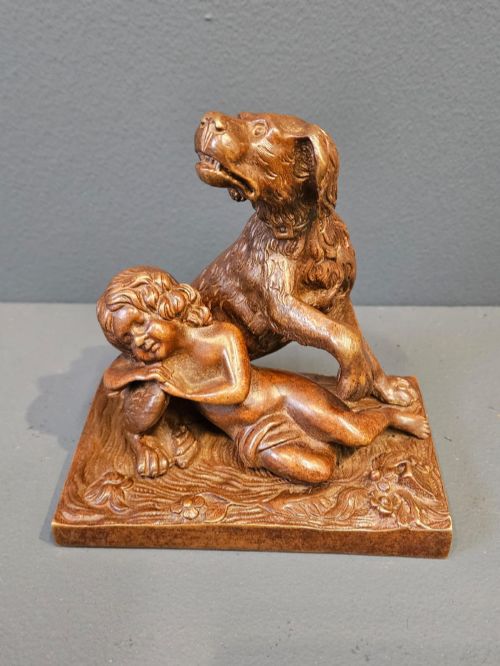Edwardian Bronze Figure of Dog and Child