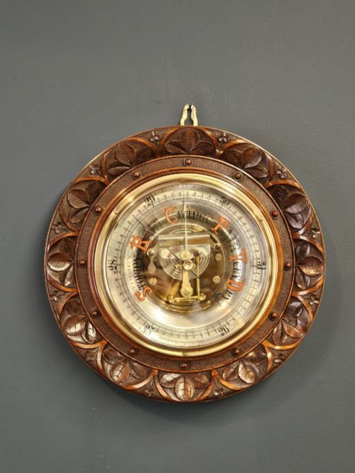 Superb Victorian 14" Carved Walnut Skeletonised Aneroid Barometer