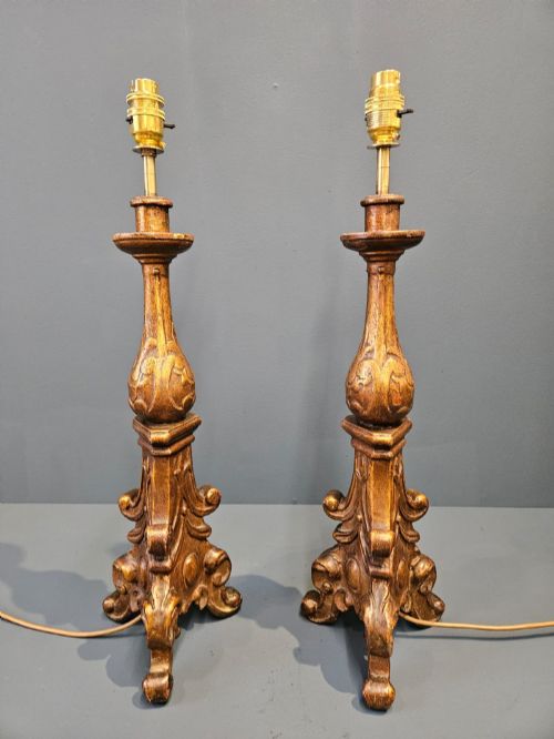 PAIR OF VICTORIAN TIMBER GILT CANDLESTICK LAMPS