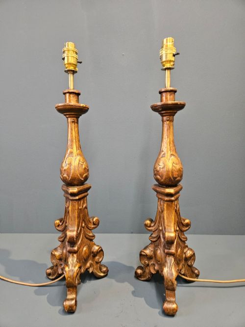 PAIR OF VICTORIAN TIMBER GILT CANDLESTICK LAMPS - ADDITIONAL PHOTO 2