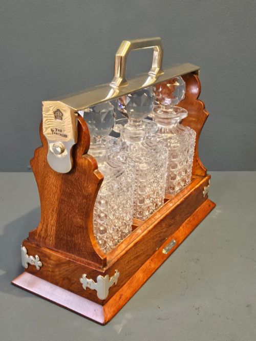 VICTORIAN OAK AND SILVER PLATED THREE BOTTLE TANTALUS - ADDITIONAL PHOTO 4