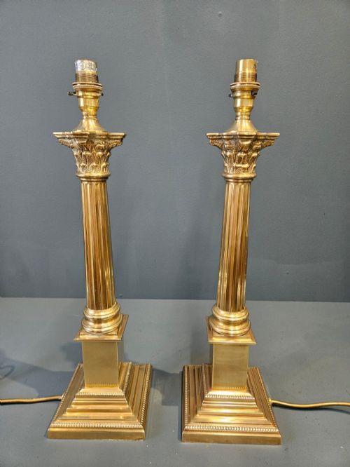 Matching Pair of Brass Corinthian Column Table Lamps