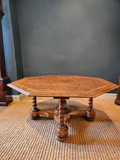 LARGE SUPERB VICTORIAN BURR WALNUT OCTAGONAL COFFEE TABLE