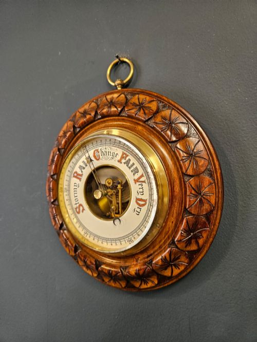 VICTORIAN WALNUT ANEROID BAROMETER WITH FLOWER HEAD BORDER - ADDITIONAL PHOTO 1