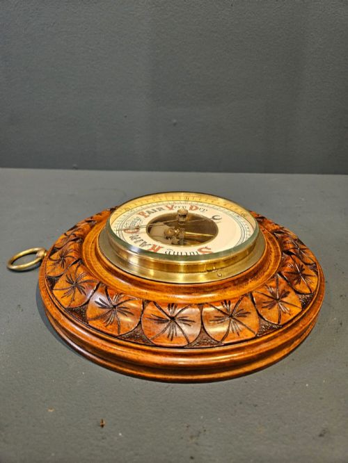 VICTORIAN WALNUT ANEROID BAROMETER WITH FLOWER HEAD BORDER - ADDITIONAL PHOTO 5