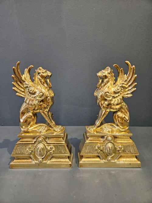 Pair of Victorian Brass Griffin Fire Dogs