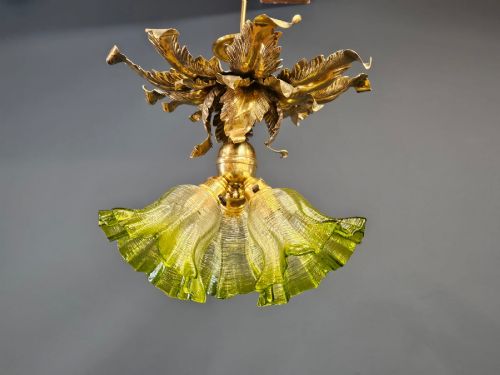 VICTORIAN BRASS LEAF DESIGN CEILING LIGHT WITH ORIGINAL SHADES