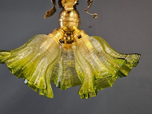 VICTORIAN BRASS LEAF DESIGN CEILING LIGHT WITH ORIGINAL SHADES - ADDITIONAL PHOTO 3