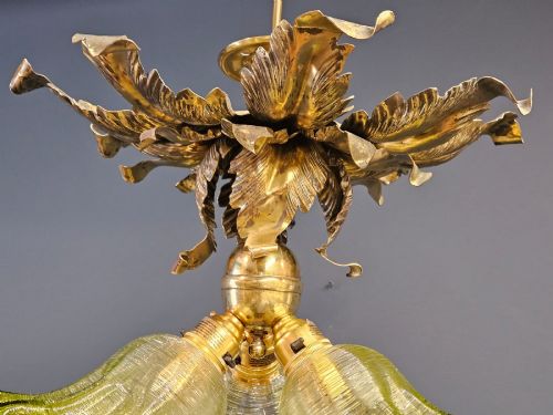 VICTORIAN BRASS LEAF DESIGN CEILING LIGHT WITH ORIGINAL SHADES - ADDITIONAL PHOTO 4