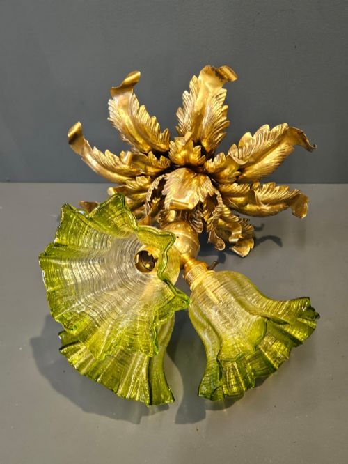 VICTORIAN BRASS LEAF DESIGN CEILING LIGHT WITH ORIGINAL SHADES - ADDITIONAL PHOTO 9