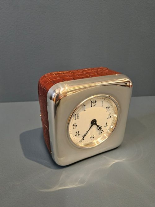 Superb Edwardian Silver and Crocodile Skin Clock