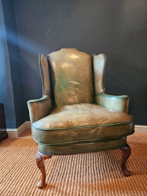 GEORGE III WALNUT CABRIOLE LEG LEATHER WING BACK ARM CHAIR