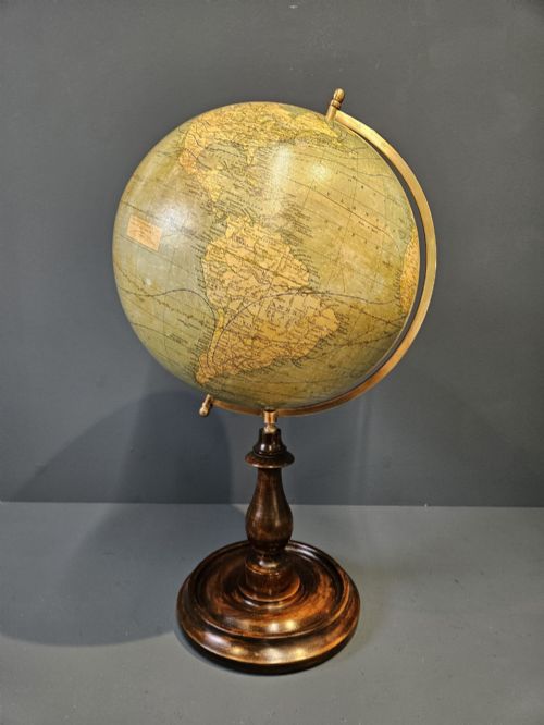 1920'S Bacon's 12" Plaster Globe on Walnut Foot