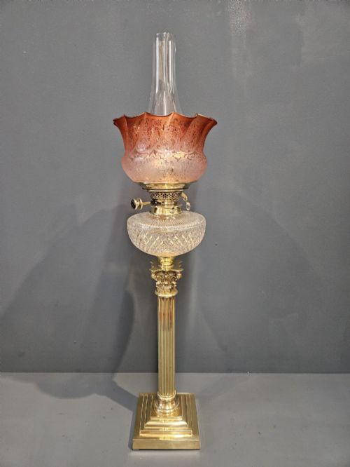 Outstanding Quality Victorian Oil Lamp with Crystal Reservoir and Original Shade