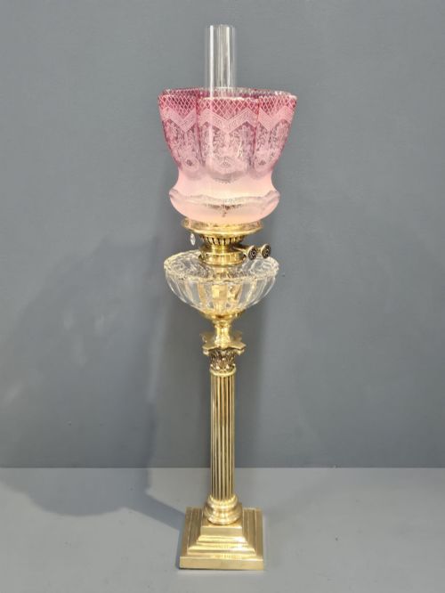 Victorian Corinthian Column Oil Lamp with Cranberry Shade