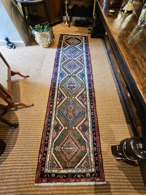 9' 6" Pure Wool Runner with Olive Green Background Rug