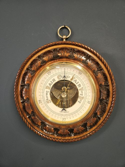 Large Victorian Carved Walnut Skeletonised Aneroid Barometer