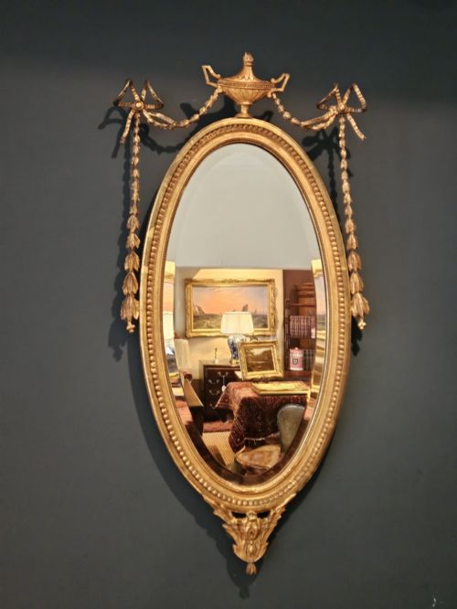 Victorian Oval Timber Gilt Mirror with Urn Top Pediment