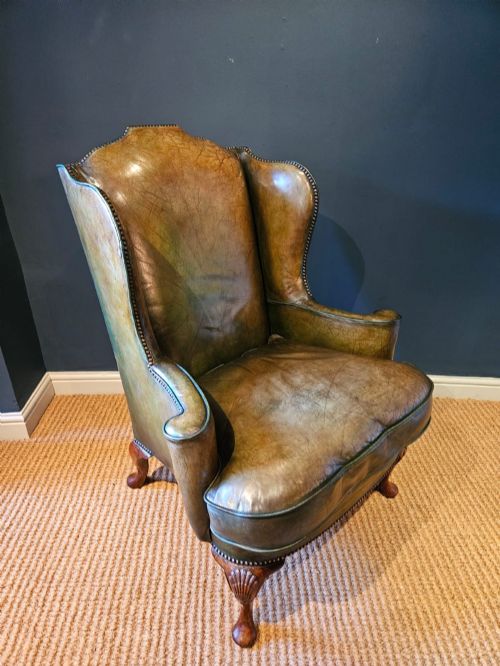 George III Walnut Cabriole Leg Leather Wing Back Arm Chair