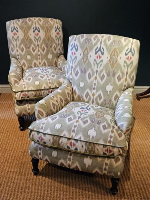 Matching Pair of Victorian Arm Chairs Re-upholstered in Ikat Linen Fabric