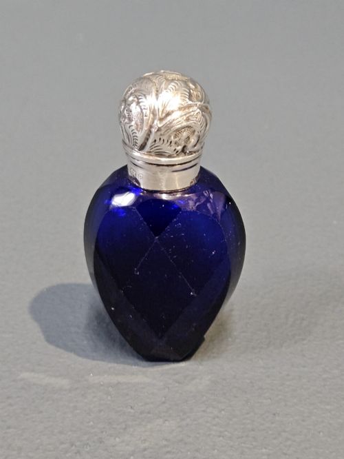 Victorian Bristol Blue Scent Bottle with Silver Top