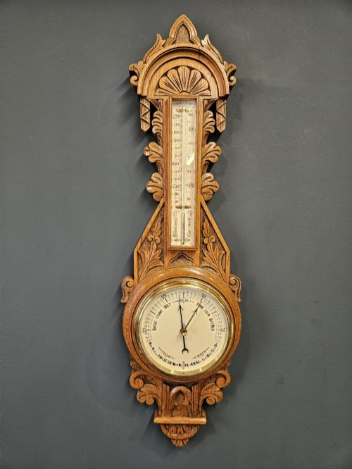 Compact Victorian Golden Oak Banjo Barometer