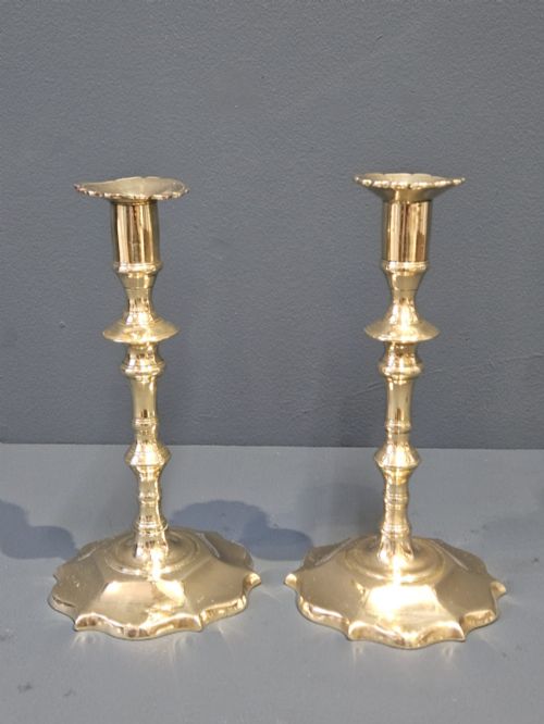 Pair of Pre 1750 George II Brass Petal Base Candlesticks