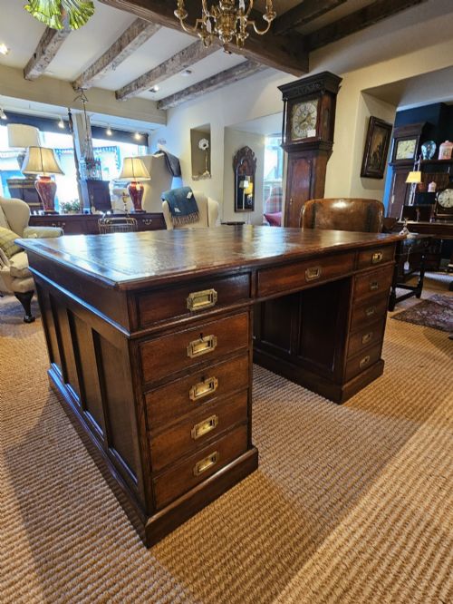 Large Victorian Oak Partners Desk with Campaign Handles