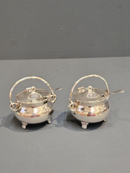 Unusual Pair of Edwardian Silver Cauldron Mustard Pots