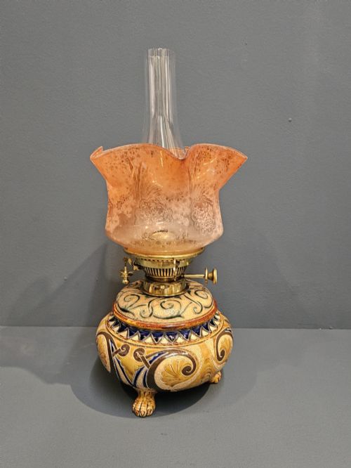 Unusual Doulton Lambeth Oil Lamp and Shade