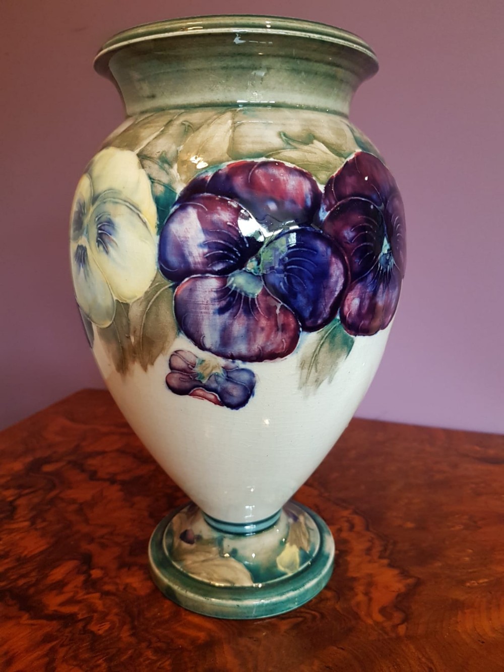 EARLY MOORCROFT ANTIQUE PANSY ON CREAM VASE