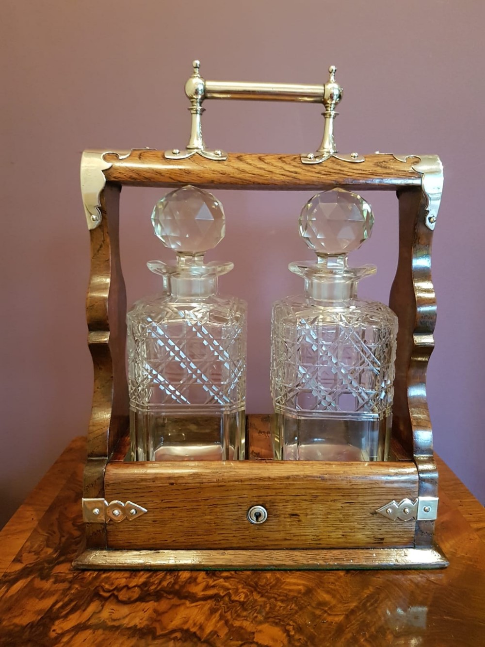Top Quality Victorian Solid Oak Nickle Trimmed Two Bottle Tantalus