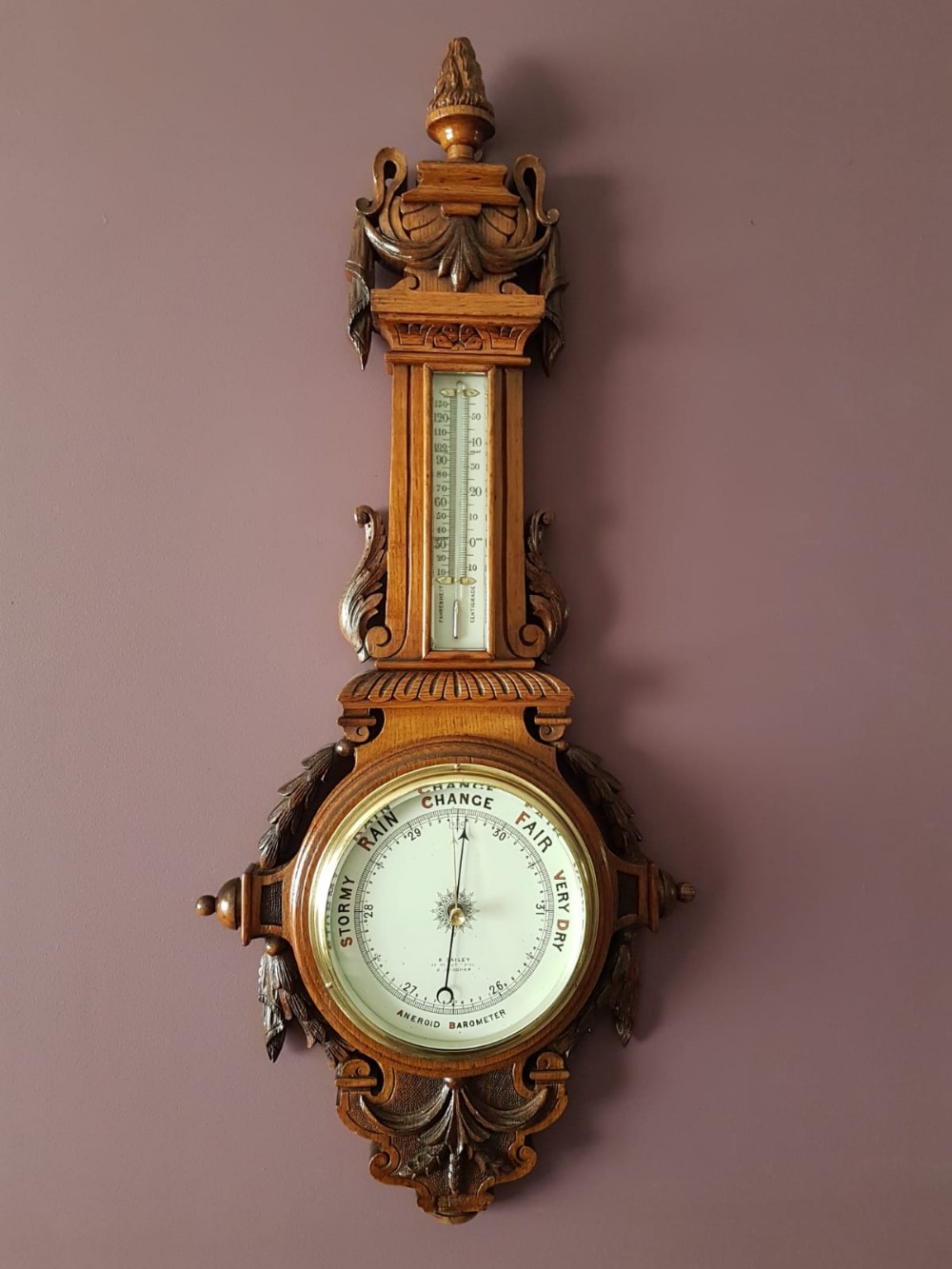 Top Quality Victorian Carved Oak Android Banjo Barometer