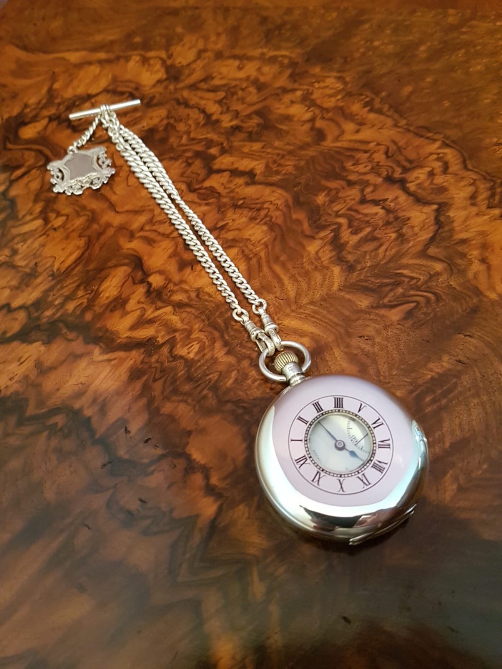 Benson Half Hunter Silver Pocket Watch And Albert Chain