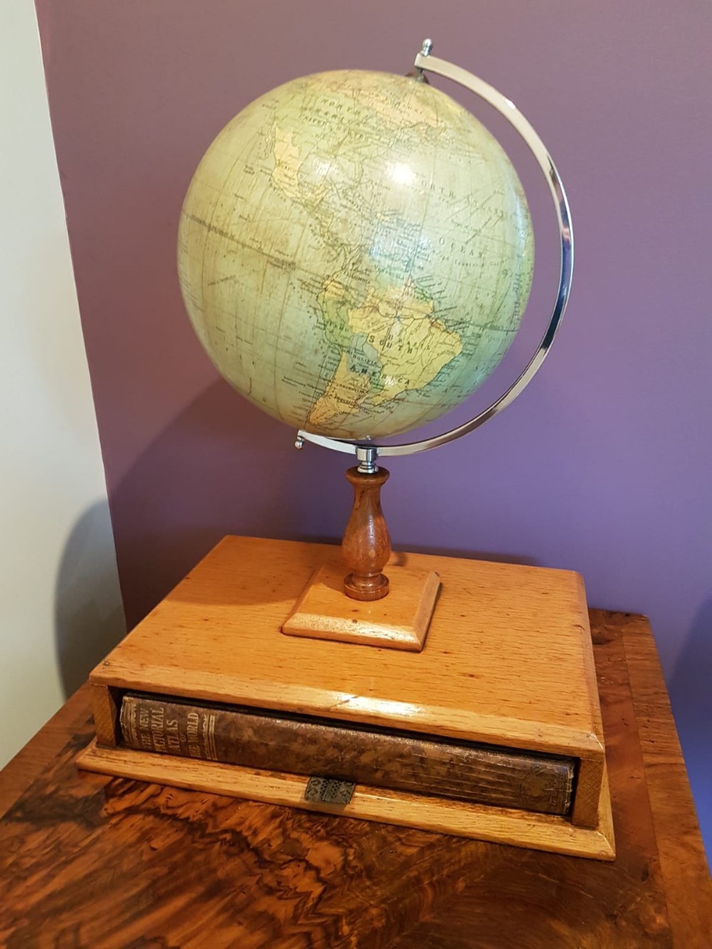 1930's Philips Desktop British Empire Globe And Atlas On Oak Stand