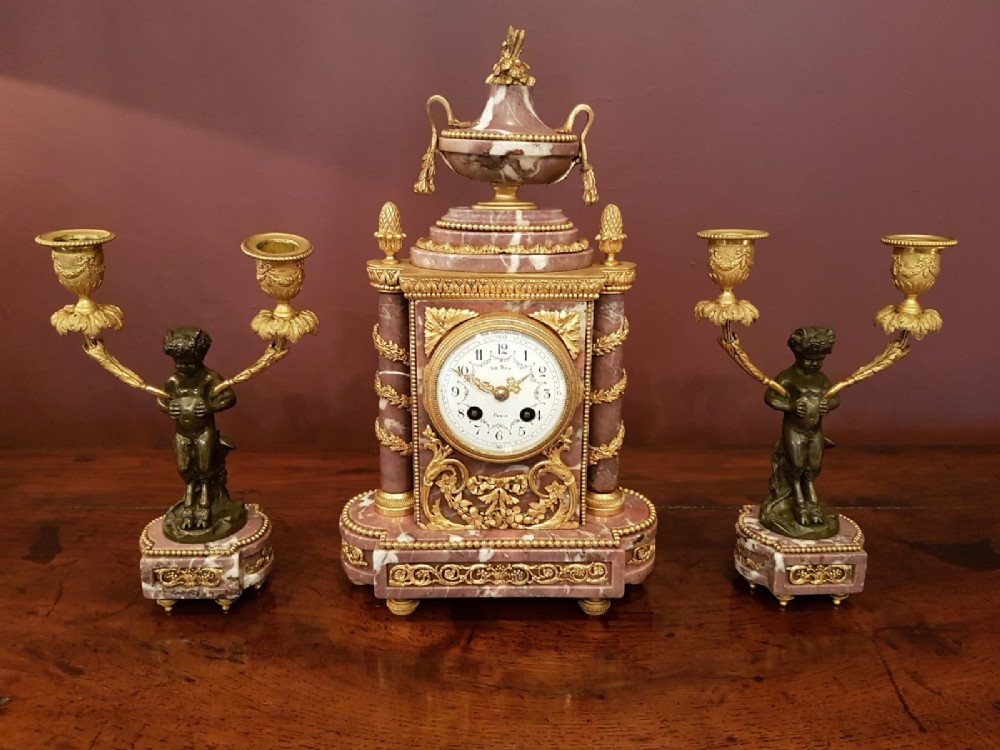 Victorian French Marble Ormalu And Bronze Clock Garniture
