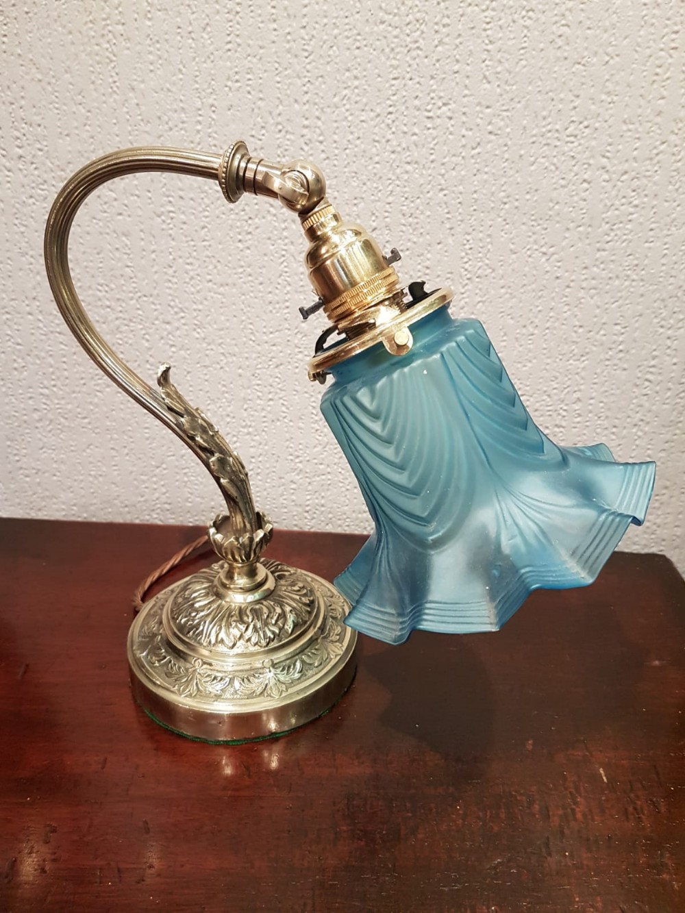 Antique Edwardian Cast Brass Table Lamp and Shade