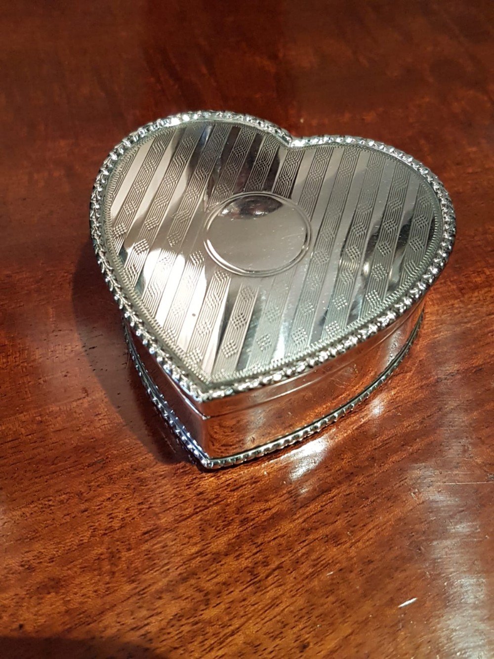 Antique Silver Engine Turned Heart Shaped Ring Box