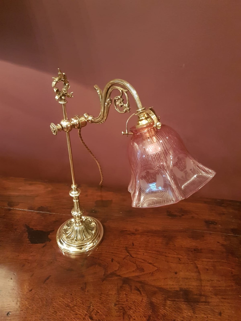 Late Victorian Brass Table Lamp and Original Shade