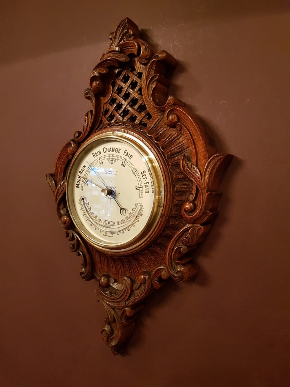 Antique Victorian Carved Oak Barometer With Crescent Thermometer