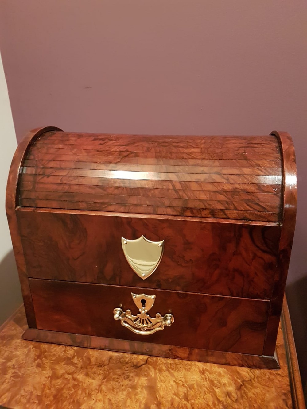 Antique Burr Walnut Tambour Top Jewellery Casket
