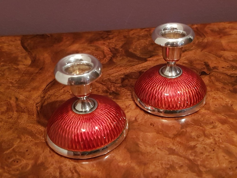 Pair of Small Silver and Enamel Candlesticks